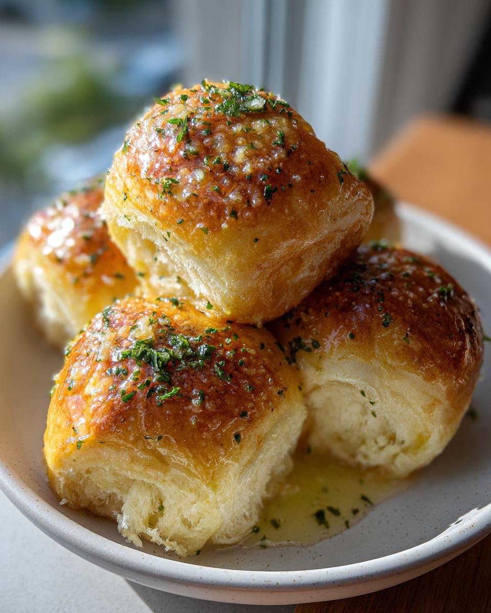 A stack of golden, buttery Best Garlic Bread Rolls glistening with garlic butter and topped with fresh parsley.