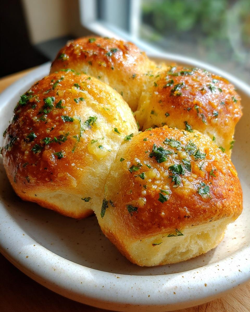 Four golden-brown Best Garlic Bread Rolls glistening with butter and topped generously with chopped fresh parsley.