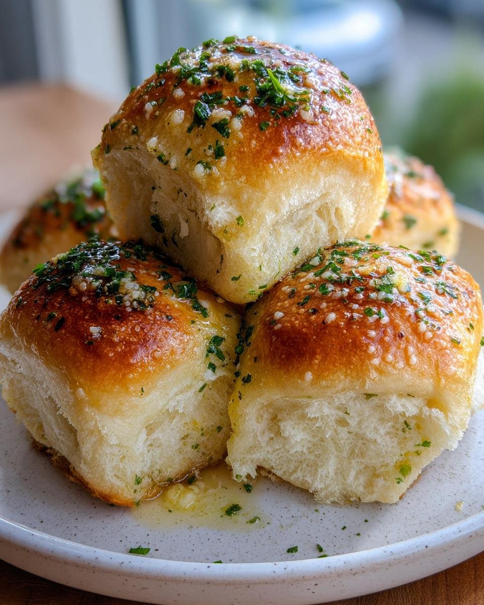 A stack of fluffy, golden-brown Best Garlic Bread Rolls glistening with melted butter, garlic, and fresh parsley.