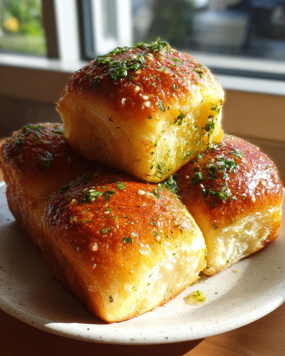 A stack of four glistening, golden Best Garlic Bread Rolls topped with melted butter and fresh parsley.