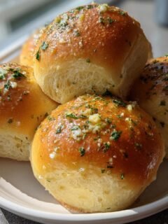 A stack of golden brown, freshly baked Best Garlic Bread Rolls glistening with butter and topped with minced garlic and parsley.