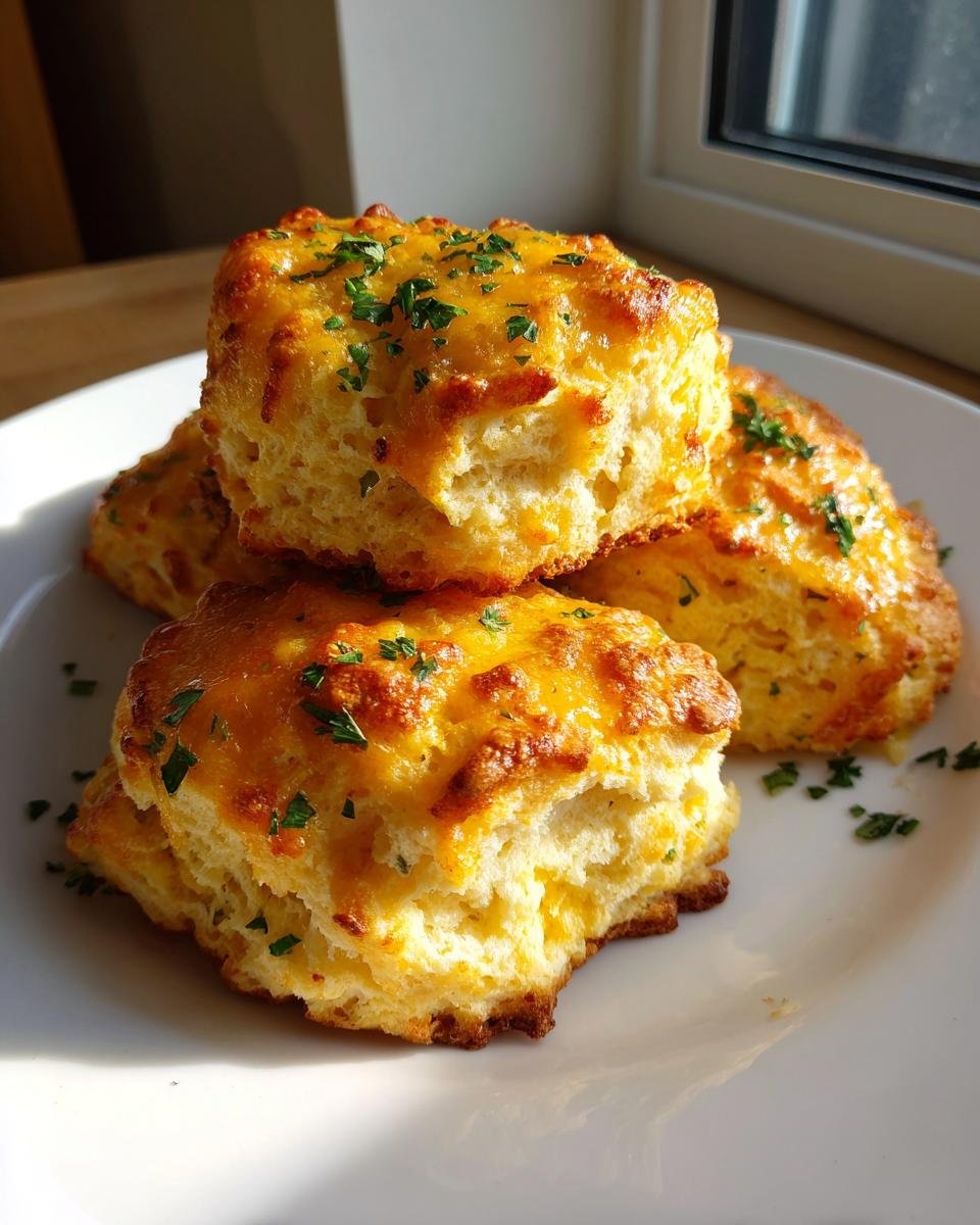 A stack of golden, cheesy Gluten Free Cheddar Bay Biscuits topped with fresh parsley on a white plate.