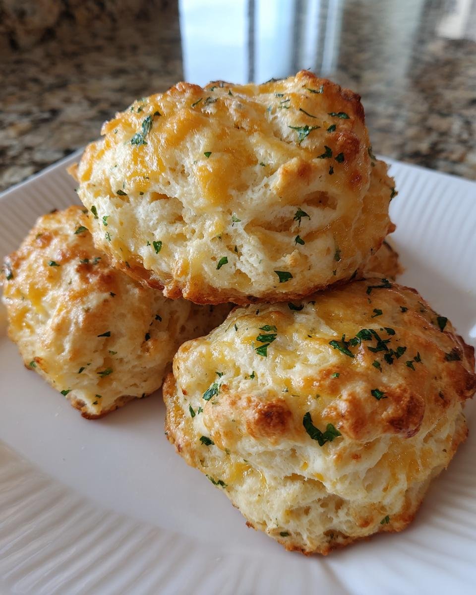 A stack of three golden, fluffy Best Gluten Free Cheddar Bay Biscuits topped with melted cheese and parsley.