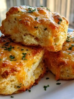 A stack of three golden brown Best Gluten Free Cheddar Bay Biscuits, topped with melted cheese and fresh parsley.
