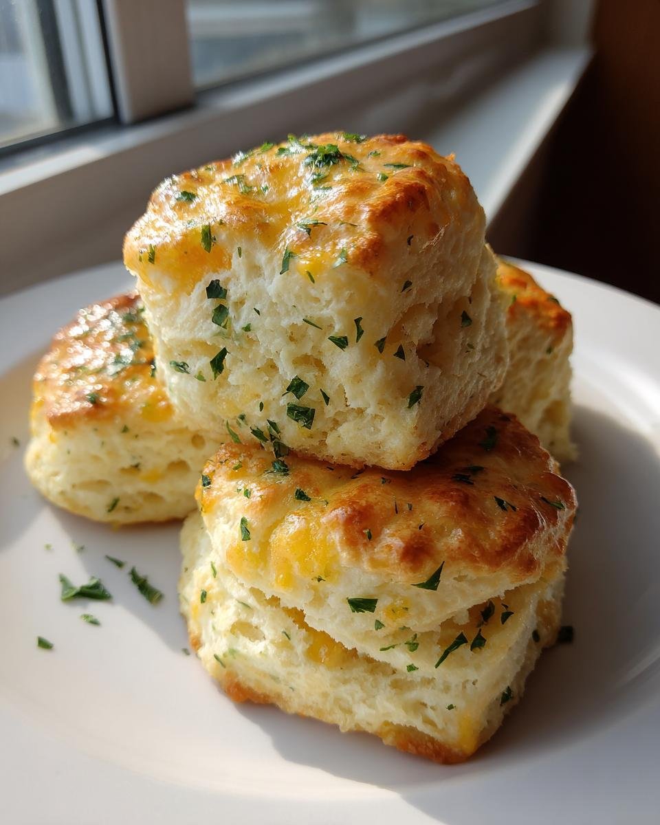 A stack of three fluffy Best Gluten Free Cheddar Bay Biscuits topped with melted cheese and fresh parsley.