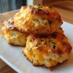 Close-up of three freshly baked Best Gluten Free Cheddar Bay Biscuits stacked on a white plate, topped with melted cheese and parsley.