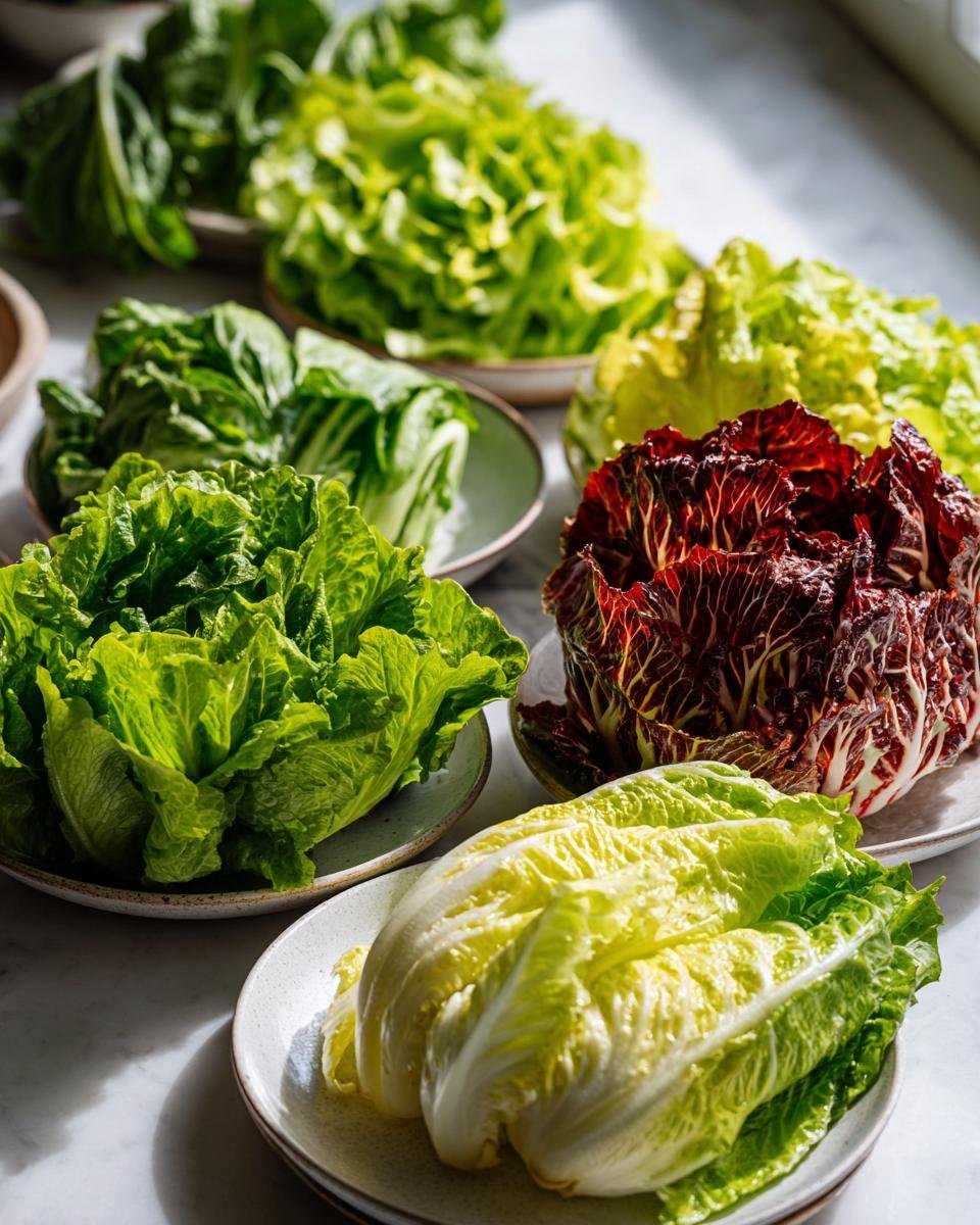 A beautiful display showcasing several of The Best Types Of Lettuce, including red radicchio and green romaine heads.