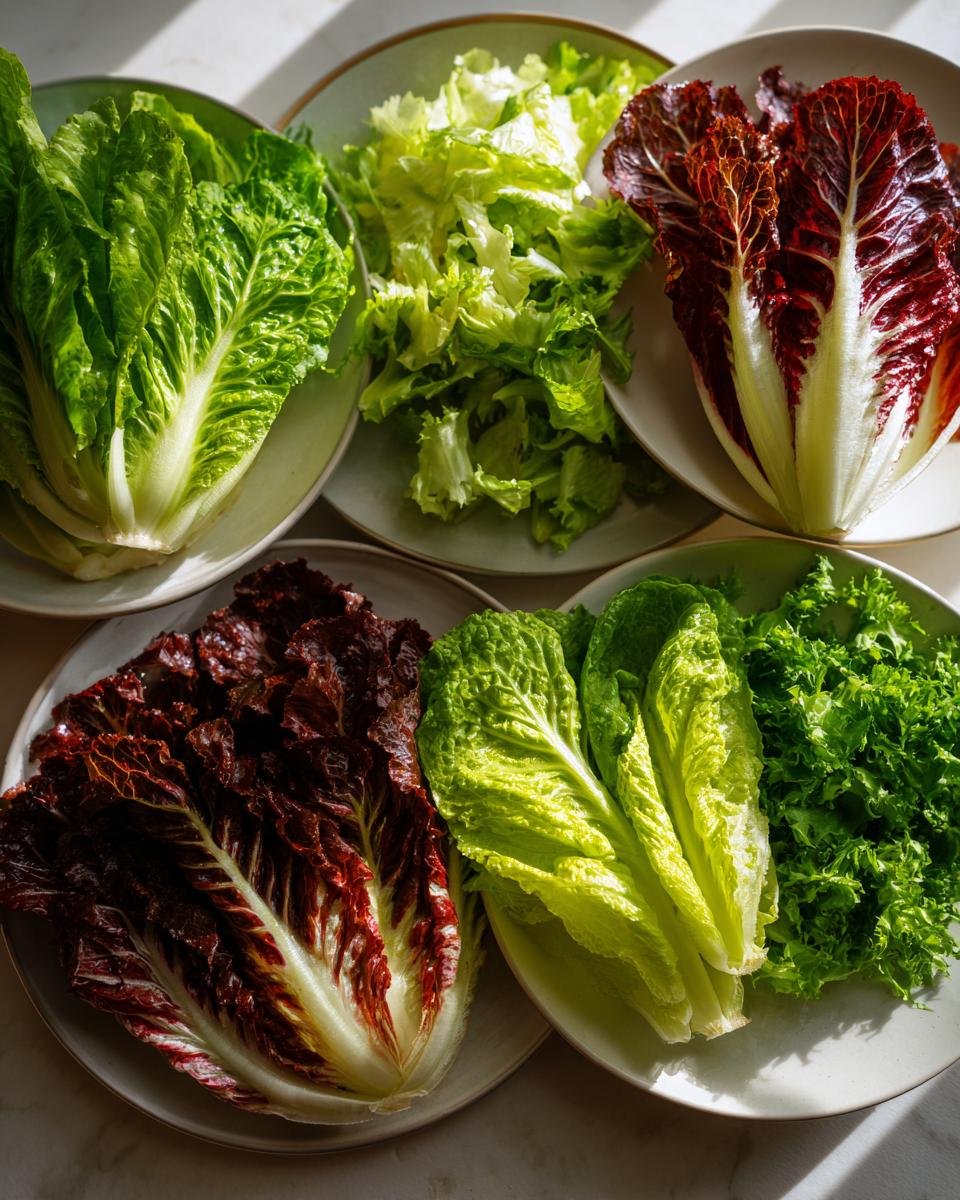 Five plates showcasing different The Best Types Of Lettuce, including Romaine, Radicchio, and fris&eacute;e.