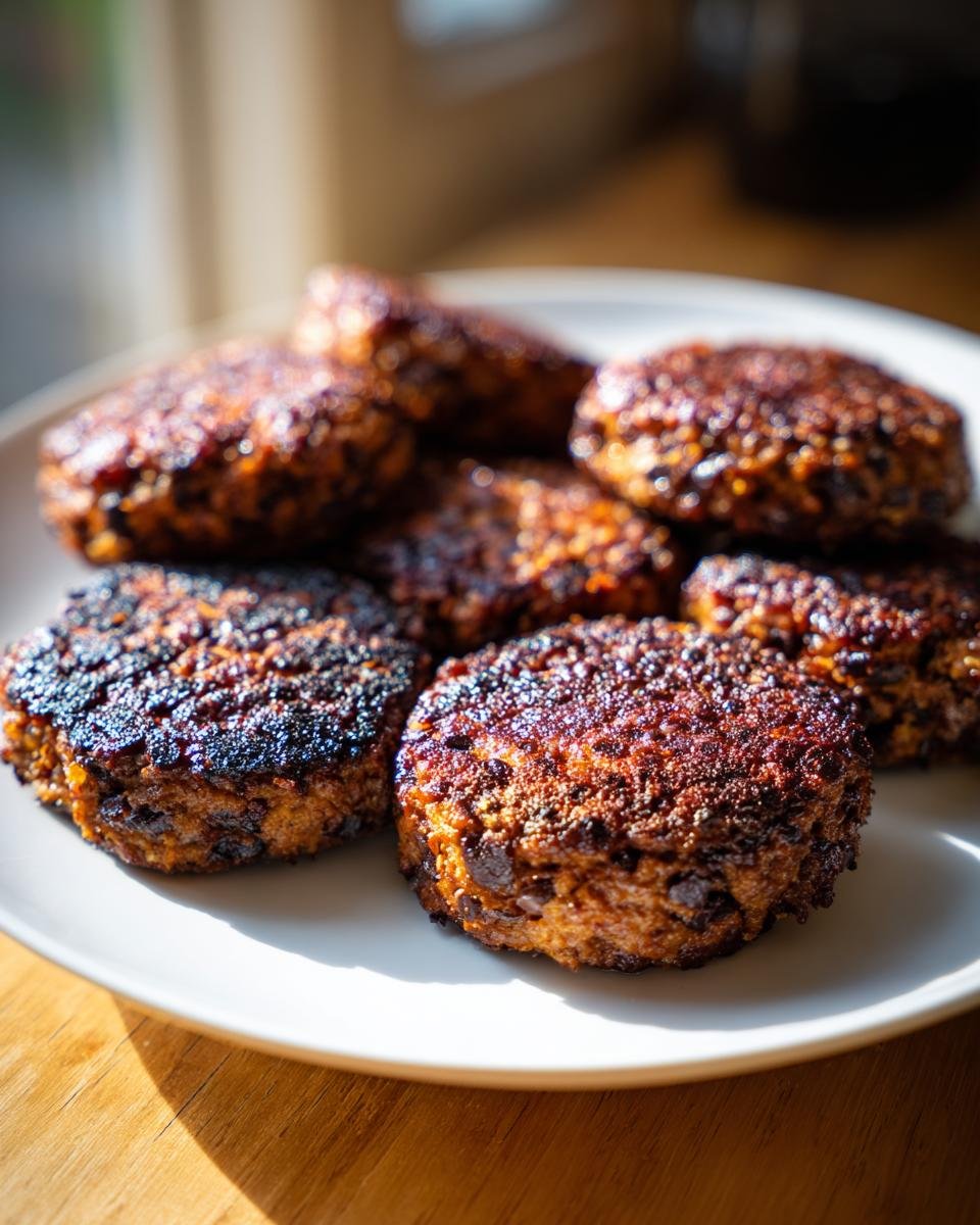 A plate of freshly cooked, dark brown, sturdy patties ready for the Best Veggie Burger Recipe.