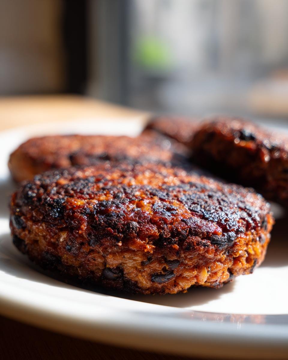Close-up of a dark, seared patty from the Best Veggie Burger Recipe resting on a white plate.