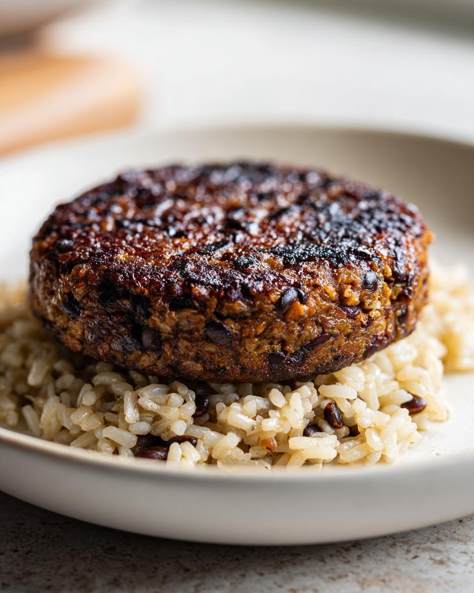 Close-up of a dark, seared patty from the Best Veggie Burger Recipe resting on a bed of brown rice.