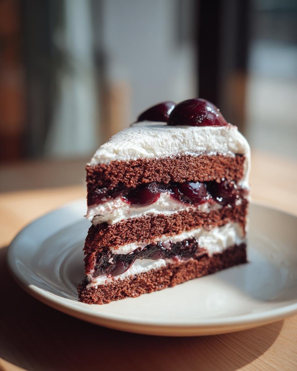 A tall slice of Black Forest Chiffon Cake showing layers of chocolate sponge, whipped cream, and cherry filling.