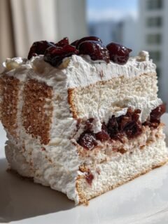 A tall slice of Black Forest Chiffon Cake Recipe featuring light sponge, whipped cream, and dark cherries.