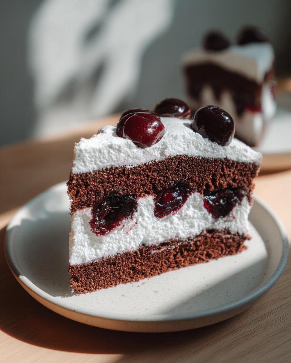 Close-up of a slice of Black Forest Chiffon Cake Recipe featuring dark chocolate layers, white cream, and whole cherries on top.