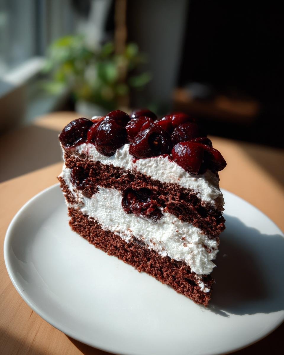 A decadent slice of Black Forest Chiffon Cake Recipe featuring layers of dark chocolate cake, white cream, and topped with glossy cherries.