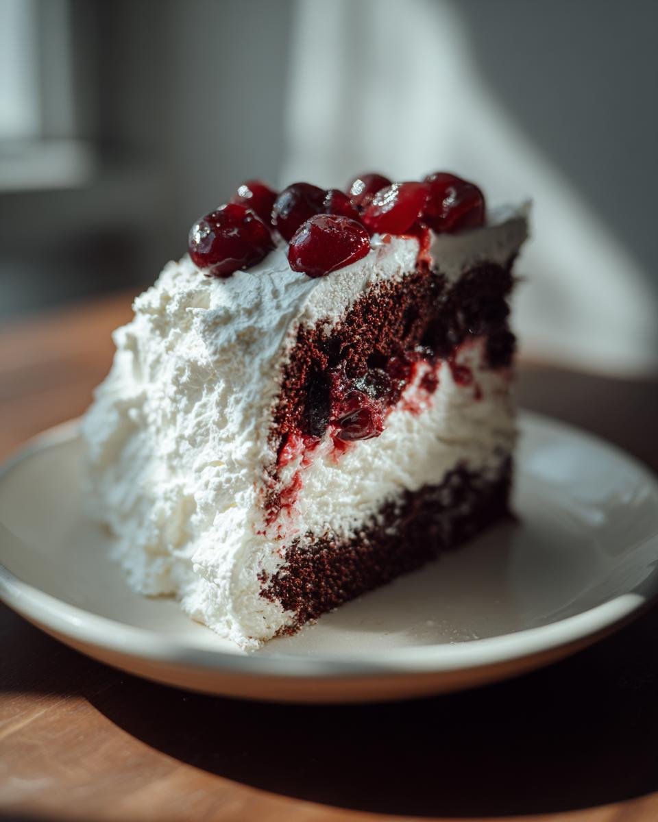 A decadent slice of Black Forest Chiffon Cake Recipe featuring dark chocolate layers, white cream, and cherry topping.