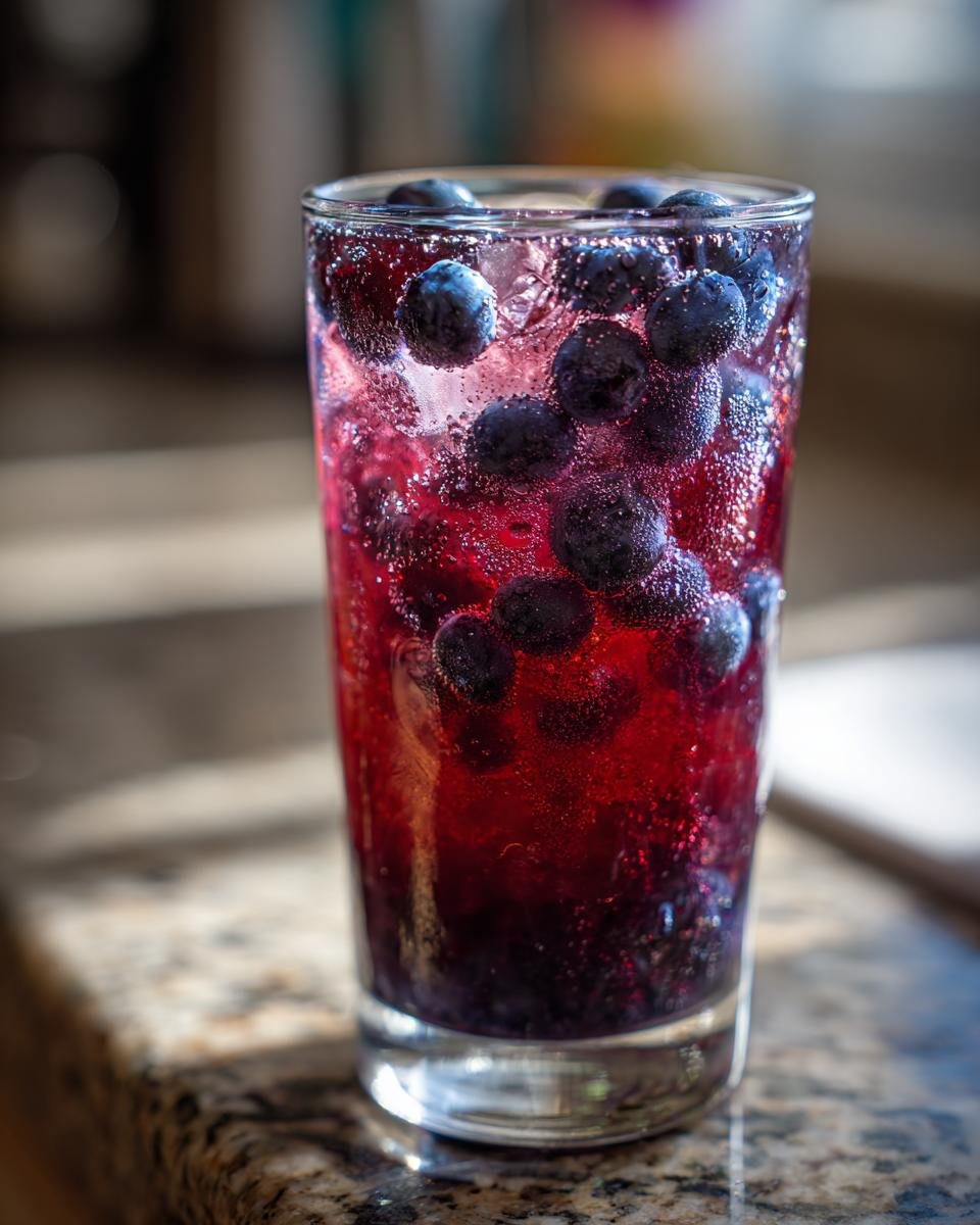 Close-up of a tall glass filled with a vibrant Blueberry Blackberry Mocktail, featuring floating blueberries and carbonation.