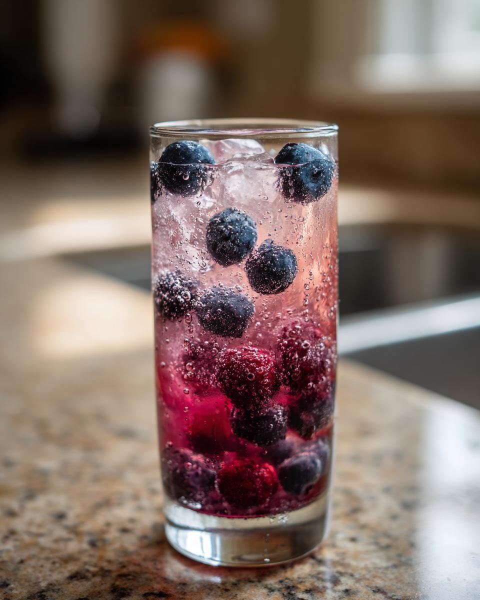 Close-up of a tall glass containing a fizzy Blueberry Blackberry Mocktail with ice and whole berries.