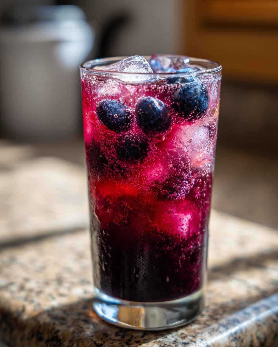 Close-up of a tall glass filled with a vibrant Blueberry Blackberry Mocktail, ice, and fresh blueberries.