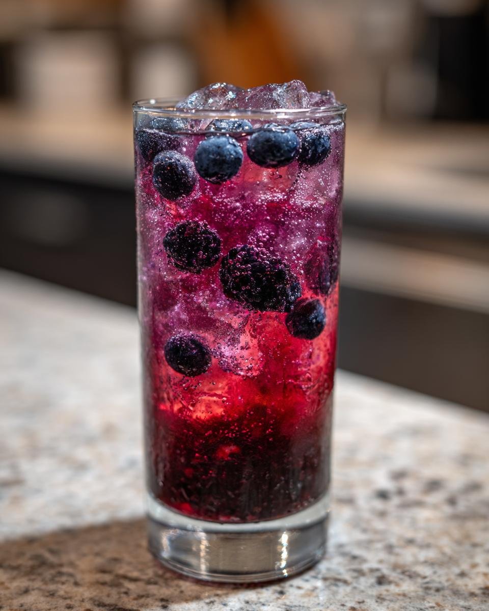 A tall glass filled with a vibrant, fizzy Blueberry Blackberry Mocktail, garnished with fresh berries and ice.