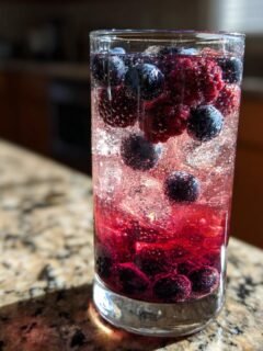 A tall glass filled with a fizzy Blueberry Blackberry Mocktail, featuring floating fresh blueberries and raspberries.
