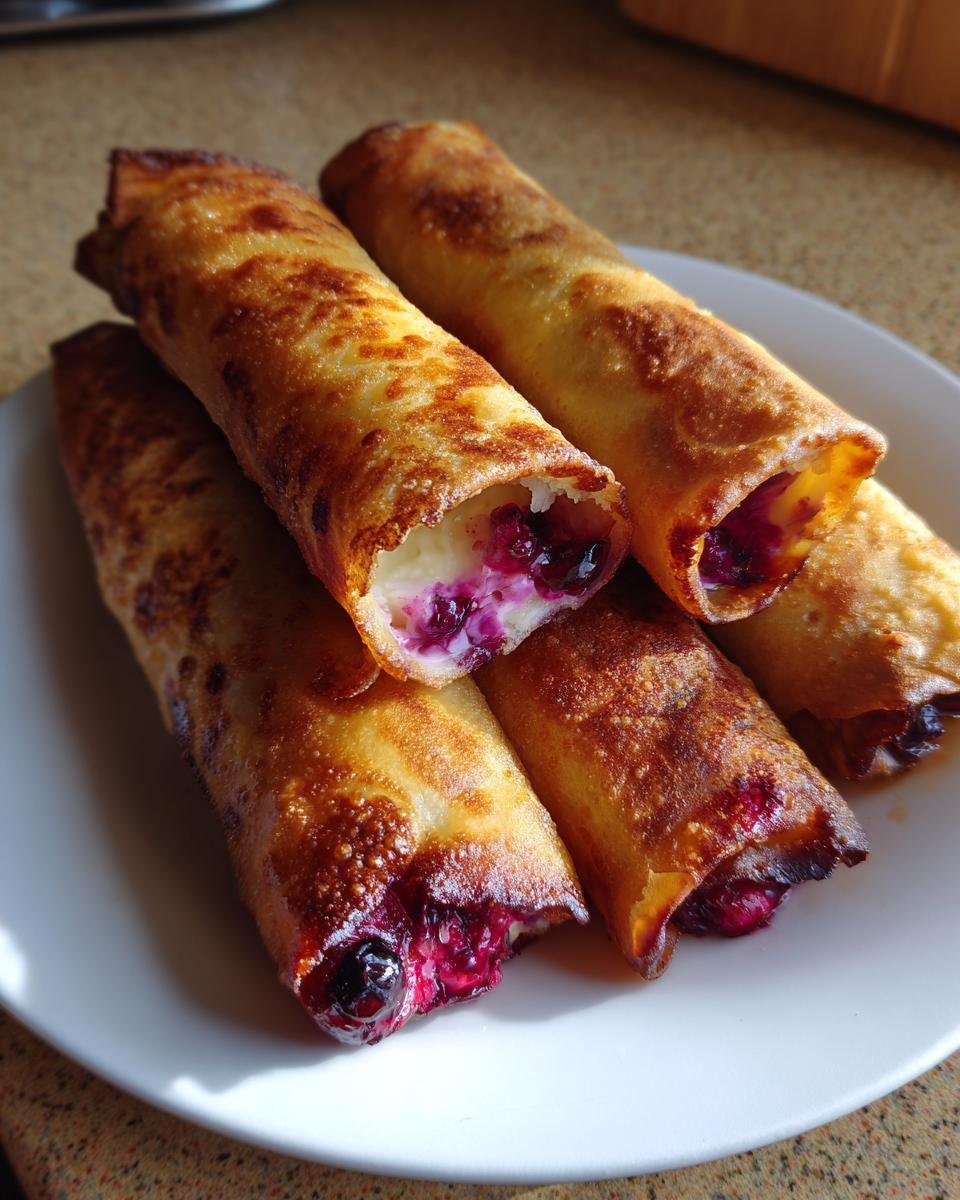 Close-up of golden-brown Blueberry Cream Cheese Egg Rolls, showing the creamy filling and burst blueberries.