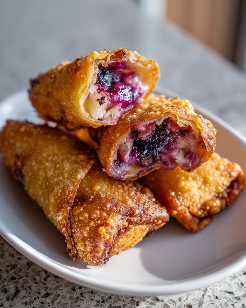 Close-up of crispy, golden-brown Blueberry Cream Cheese Egg Rolls, with one cut in half showing the gooey blueberry and cream cheese filling.