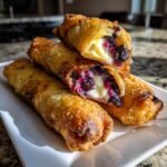 Close-up of golden fried Blueberry Cream Cheese Egg Rolls, showing the creamy filling and burst blueberries.