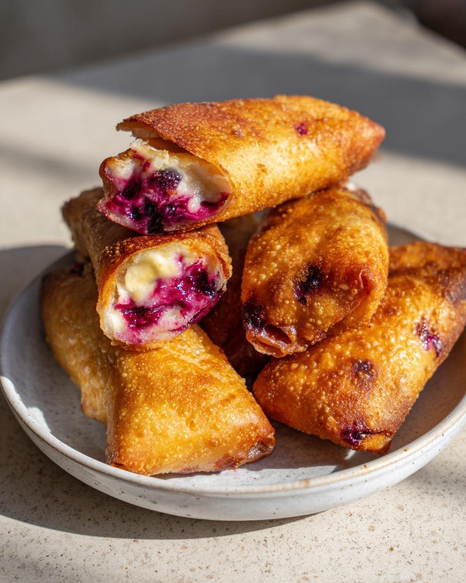A stack of golden-brown, fried Blueberry Cream Cheese Egg Rolls, with one cut open showing the purple blueberry and white cream cheese filling.