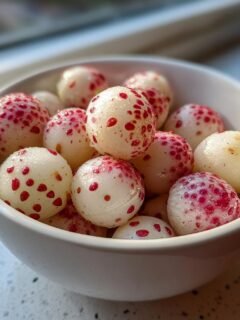 A white bowl filled with small, white pineberries speckled with red seeds, sitting near a sunlit window.