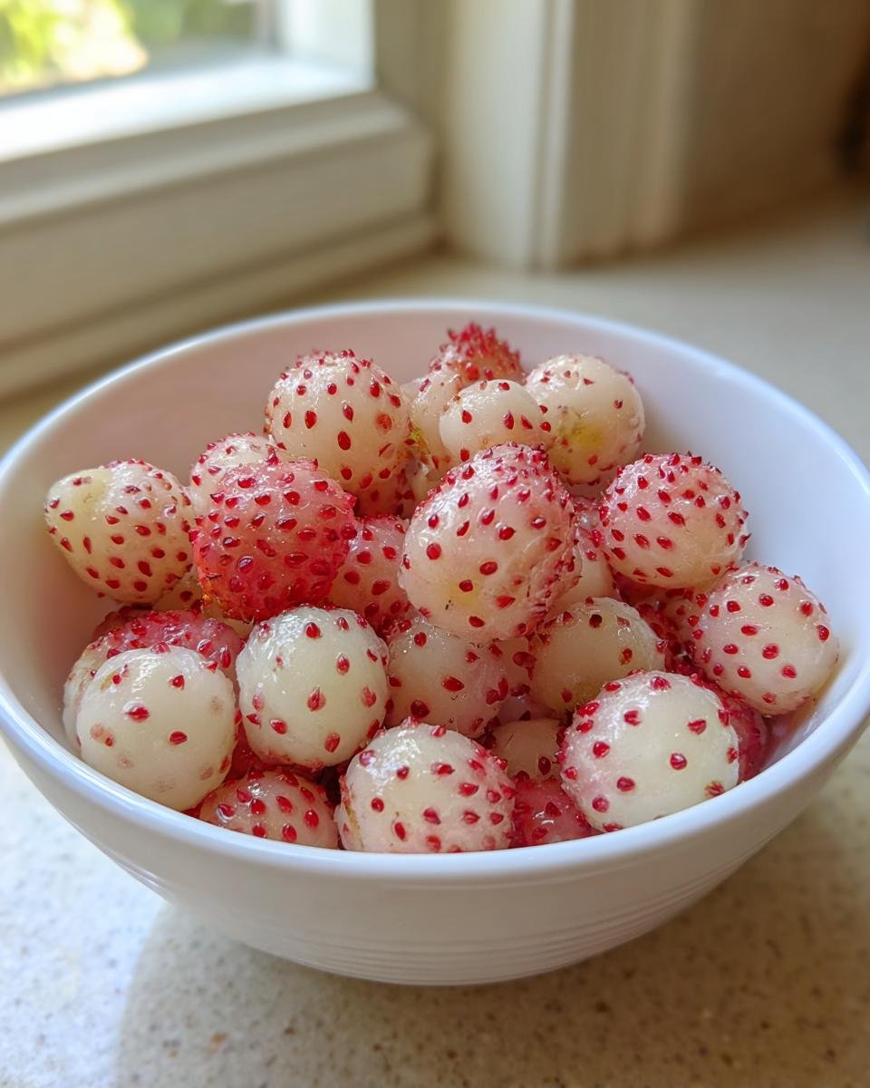 A white bowl filled with ripe white pineberries, showing their distinct red seeds.