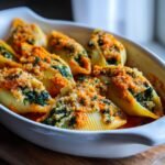 Close-up of baked Butternut Squash Stuffed Shells With Quinoa Kale topped with breadcrumbs in a white baking dish.