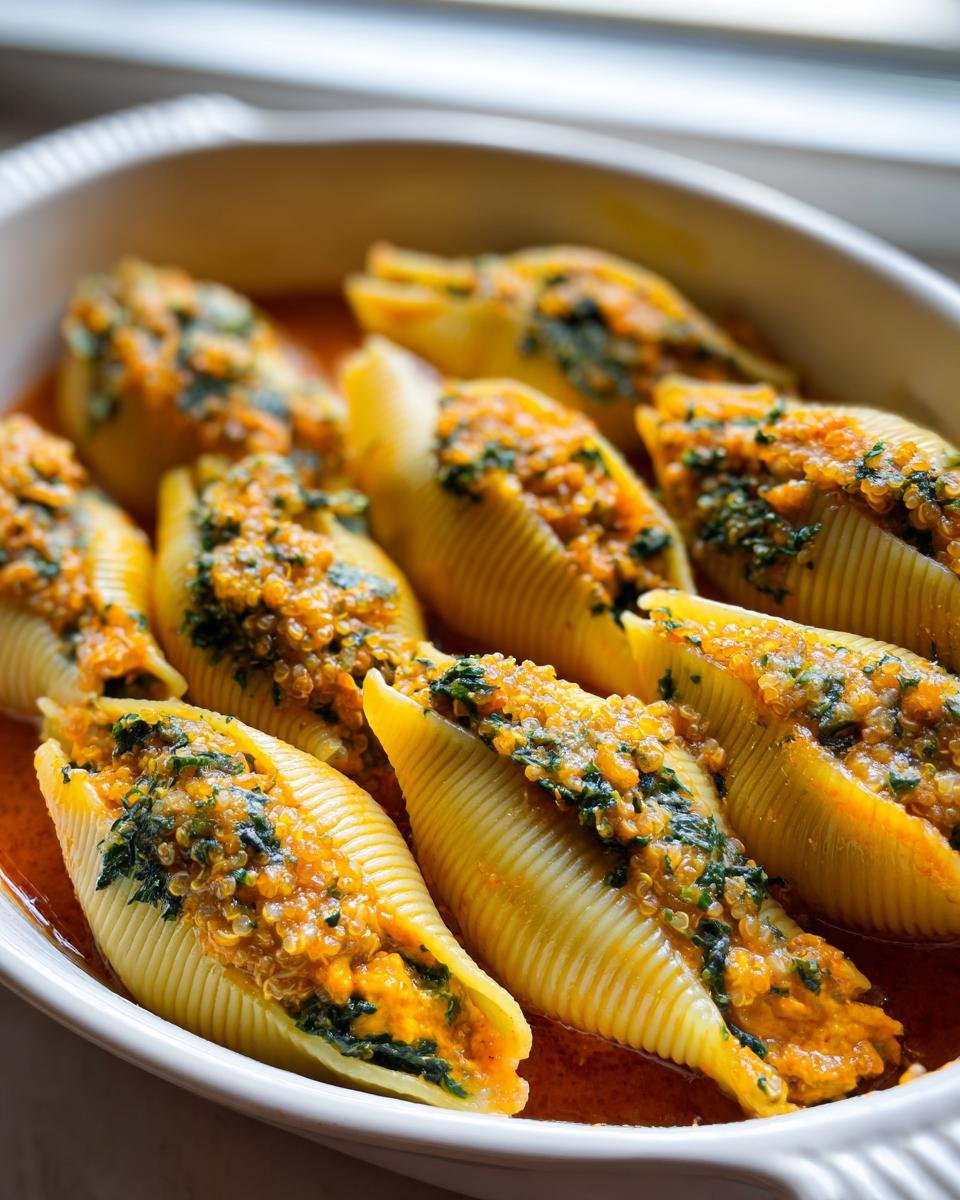 Close-up of baked Butternut Squash Stuffed Shells With Quinoa Kale in a white baking dish.
