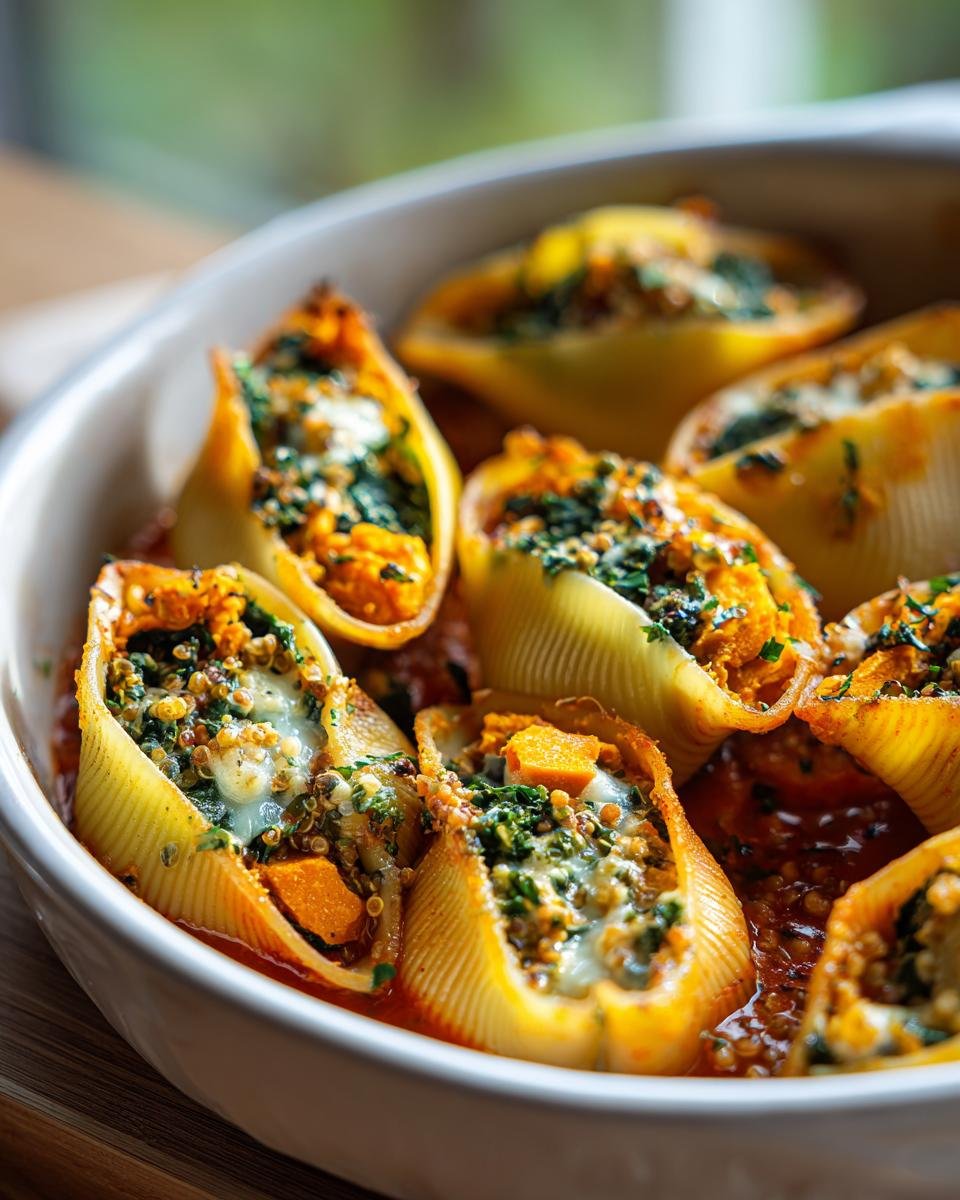 Close-up of baked Butternut Squash Stuffed Shells With Quinoa Kale in a white baking dish with tomato sauce.