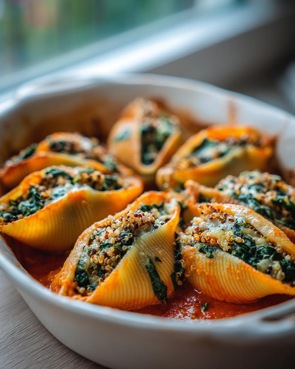 Close-up of baked Butternut Squash Stuffed Shells With Quinoa Kale resting in tomato sauce in a white baking dish.