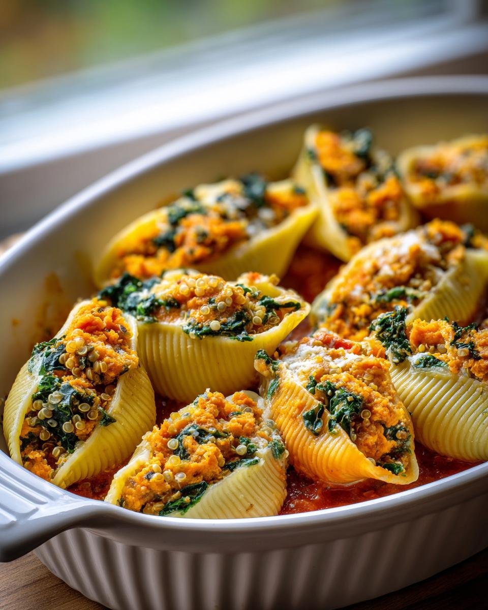 Close-up of Butternut Squash Stuffed Shells With Quinoa Kale baked in a white casserole dish with tomato sauce.