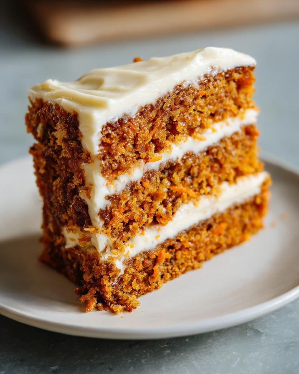 Close-up of a moist, three-layer slice of Carrot Cake With Maple Cream Cheese Frosting on a white plate.