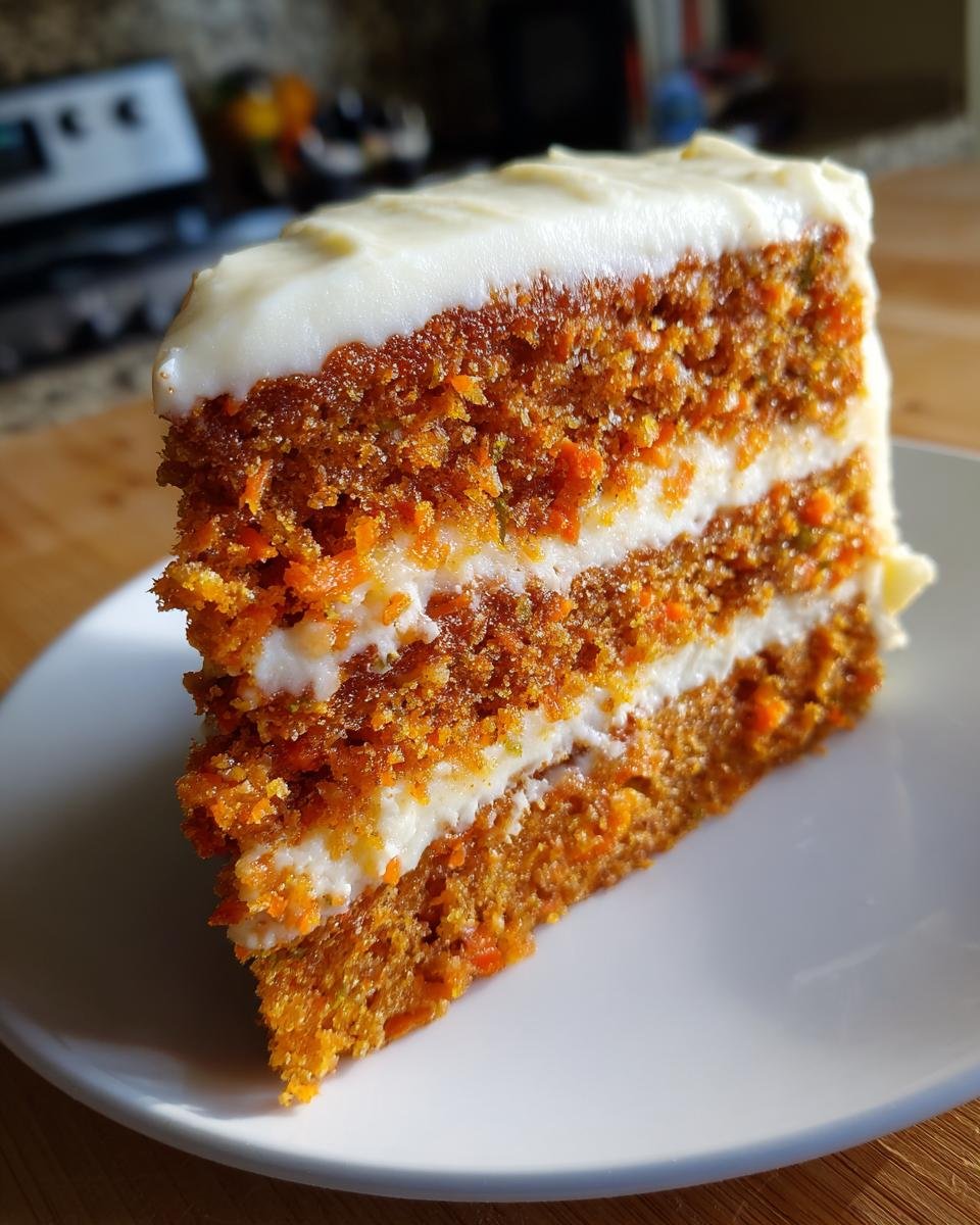 A tall, moist slice of Carrot Cake With Maple Cream Cheese Frosting showing three layers of cake and two layers of white frosting.