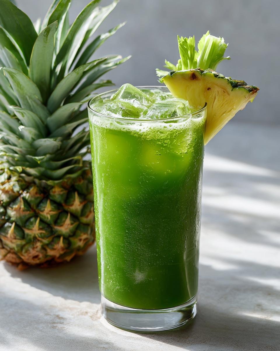A tall glass filled with bright green Celery Pineapple Detox Mocktail, garnished with a pineapple wedge and celery leaves, next to a whole pineapple.
