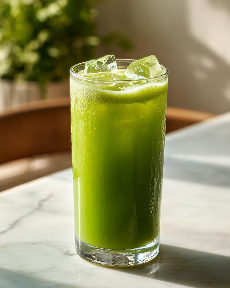 Tall glass filled with bright green Celery Pineapple Detox Mocktail and ice cubes, sitting on a marble surface.