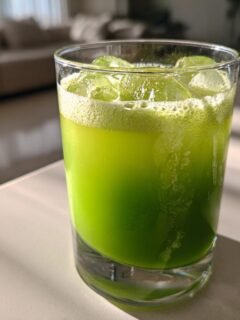 A vibrant green Celery Pineapple Detox Mocktail filled with ice cubes, sitting on a light countertop.