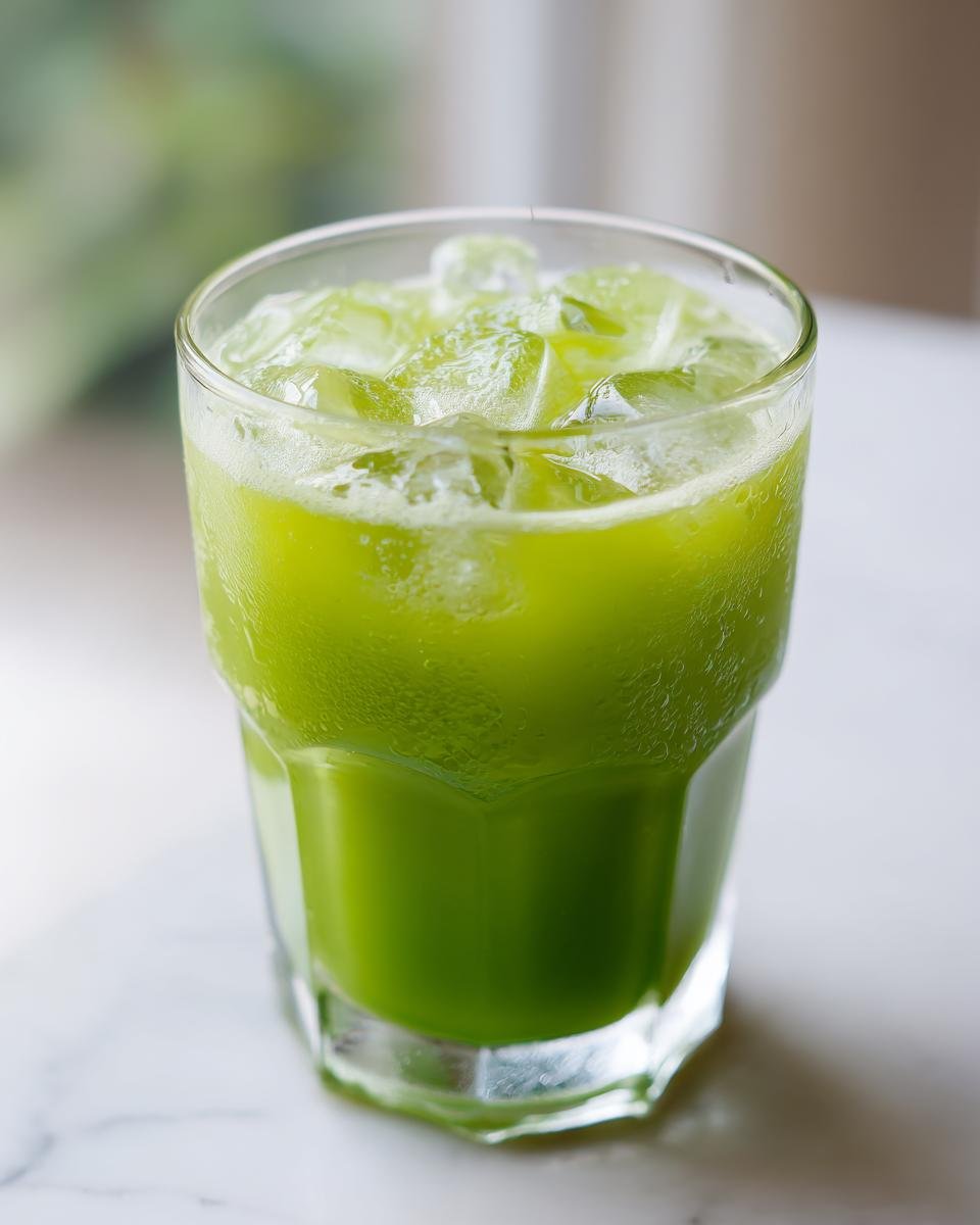 A vibrant green Celery Pineapple Detox Mocktail filled with ice cubes in a textured glass.
