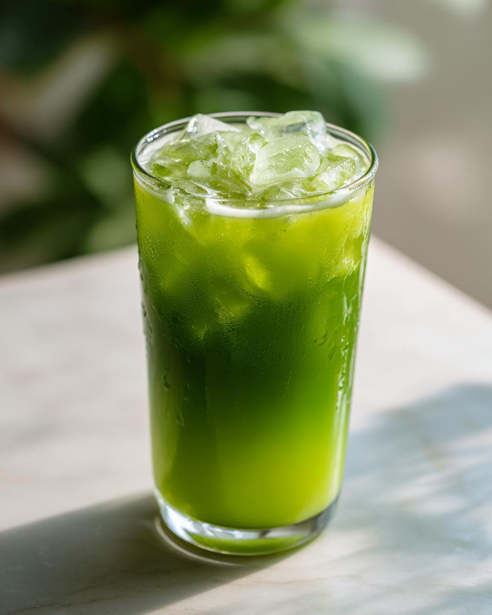 A tall glass filled with a bright green Celery Pineapple Detox Mocktail, topped with crushed ice.