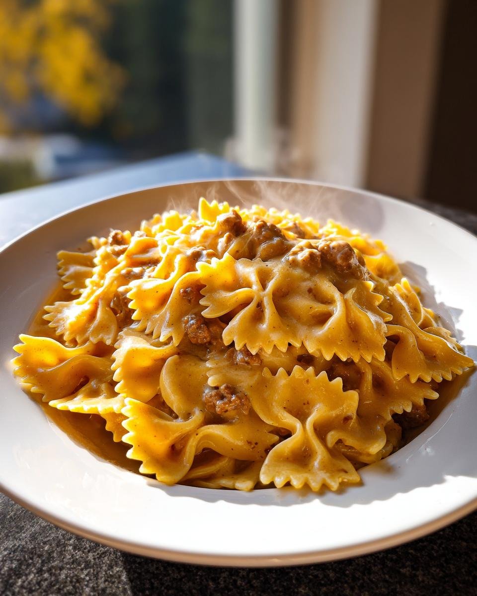 A close-up of steaming Cheesy Beef And Bowtie Pasta in a white bowl, coated in a rich, creamy sauce.