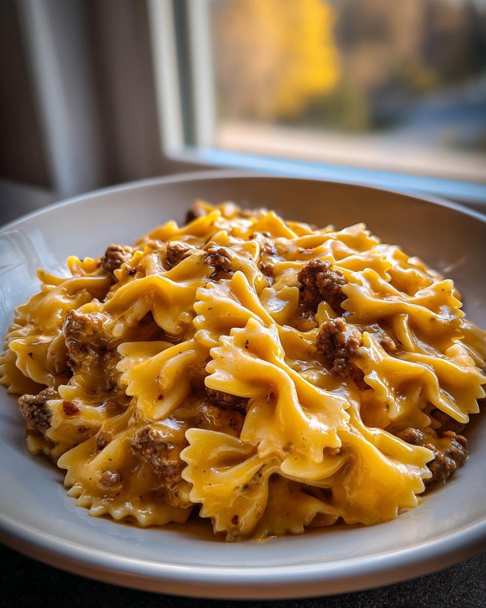 A close-up of a white bowl filled with Cheesy Beef And Bowtie Pasta in garlic butter sauce.