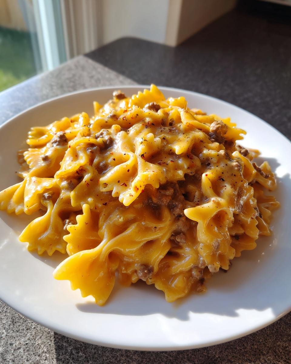 A close-up of Cheesy Beef And Bowtie Pasta in garlic butter served on a white plate, glistening under natural light.