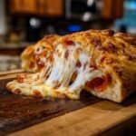A cross-section of Cheesy Pepperoni Stromboli showing a dramatic, gooey cheese pull and baked crust.