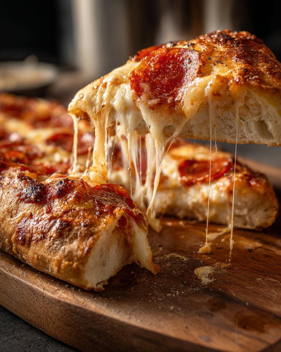 A slice of Cheesy Pepperoni Stromboli being lifted, showing a dramatic, long cheese pull.