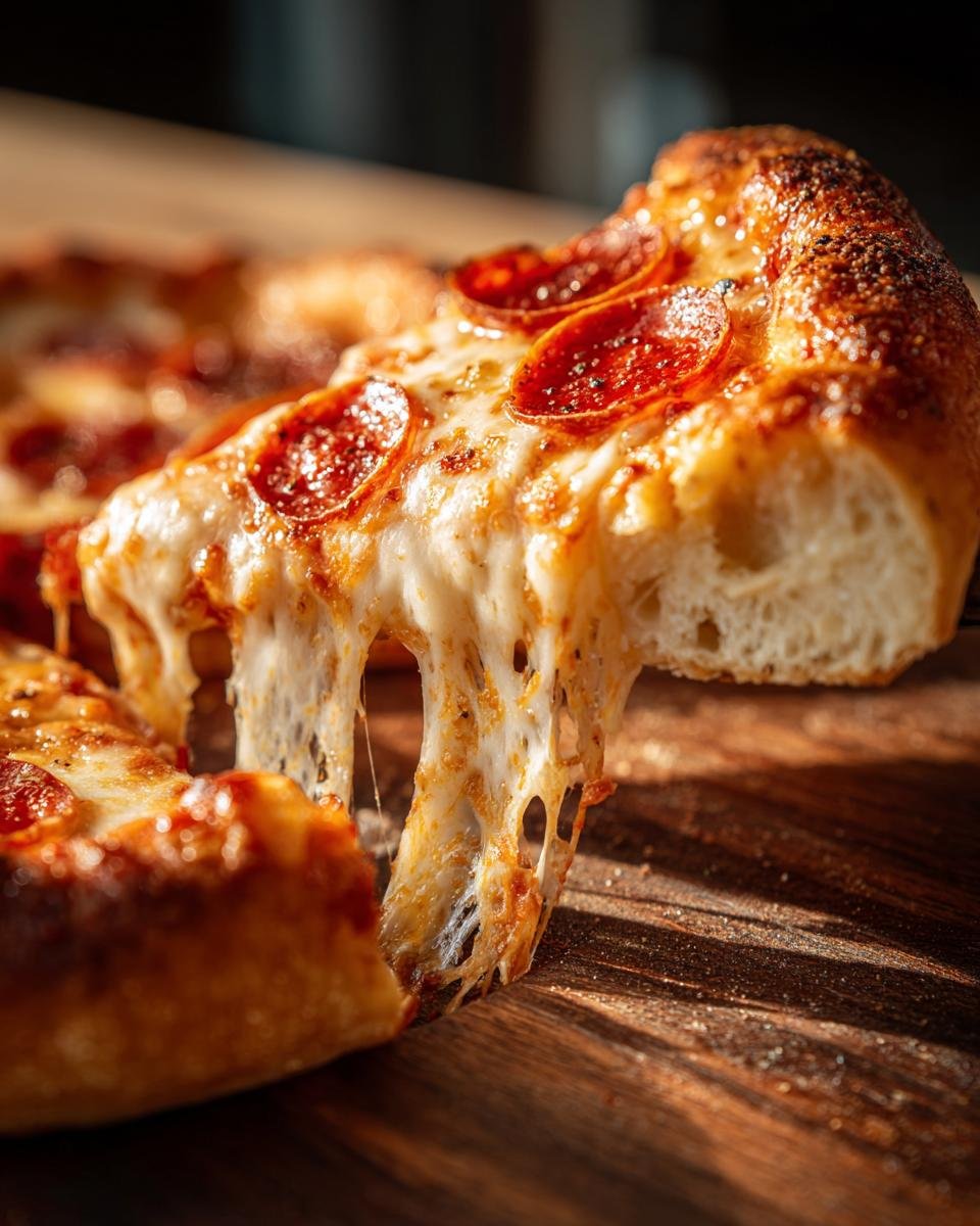 A close-up of a slice of Cheesy Pepperoni Stromboli being lifted, showing an extreme, gooey cheese pull.