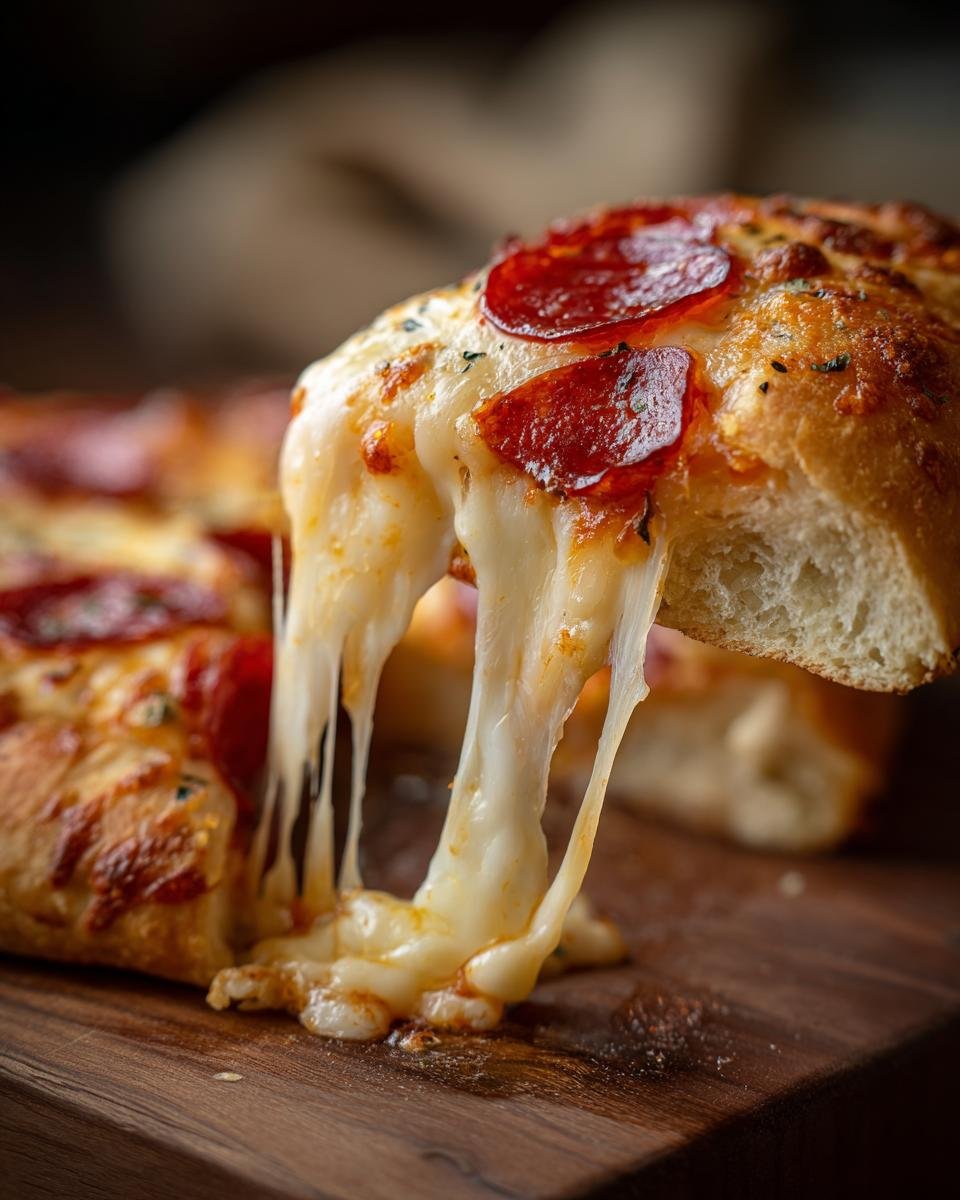 A piece of Cheesy Pepperoni Stromboli is lifted, showing an extreme, satisfying cheese pull.
